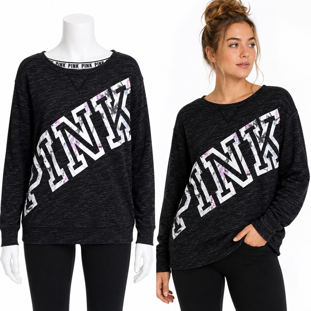 PINK Victorias Secret Sweatshirt Women Medium Black Marled Floral Logo Pullover